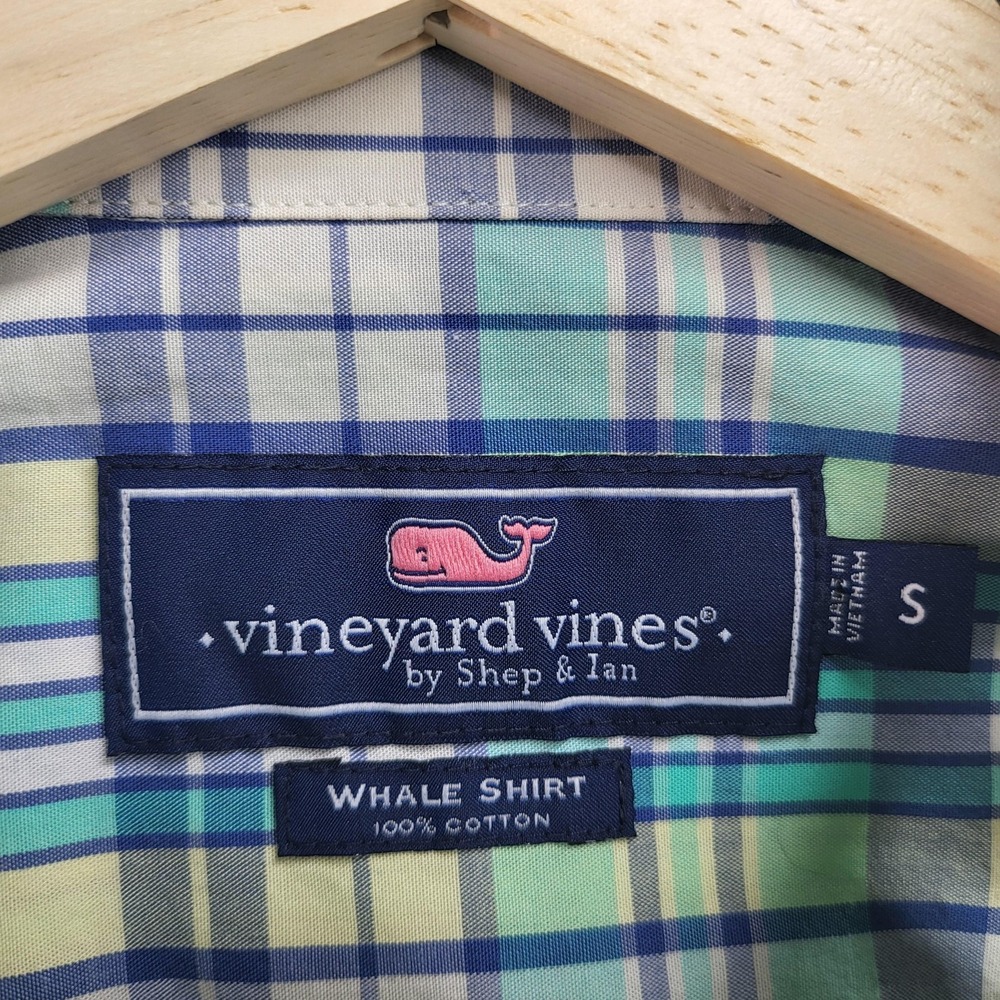 Vineyard Vines Shirt Mens Small Blue Green Plaid‎ Whale Shirt Button Down Cotton - Picture 3 of 7